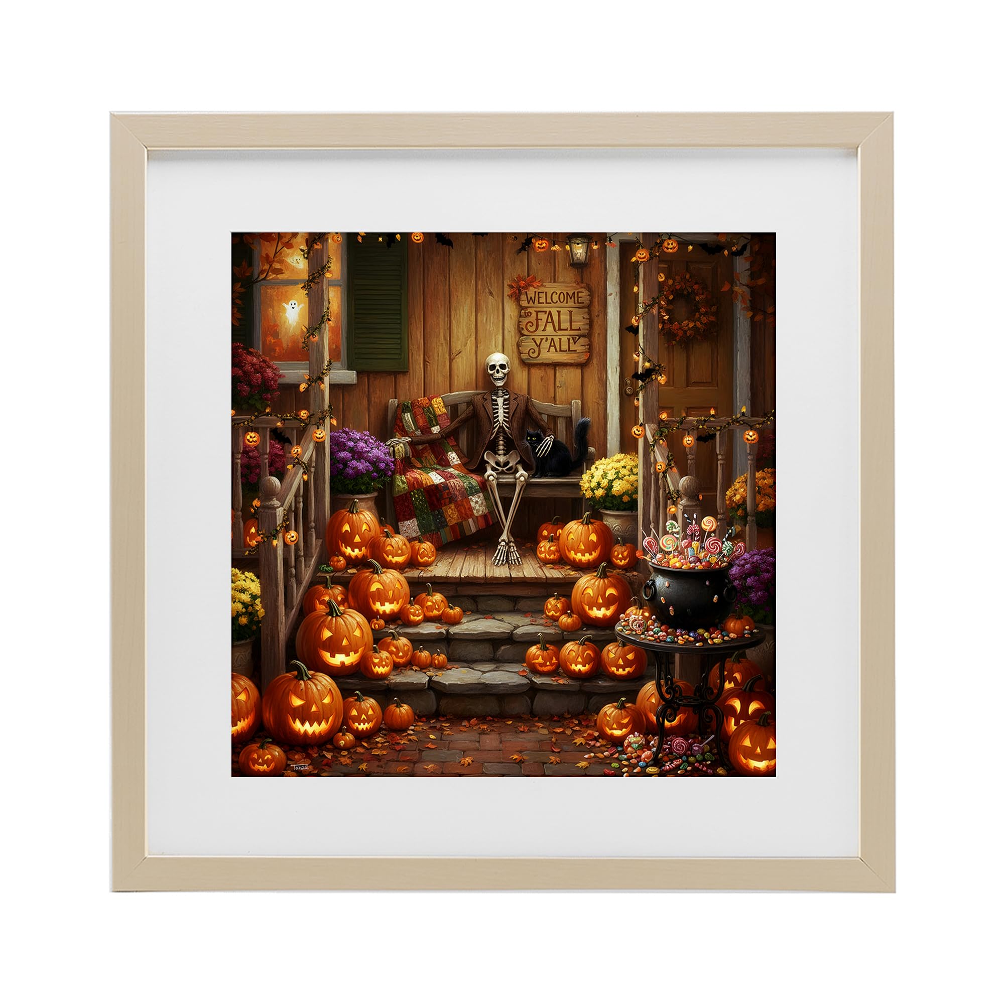 Stupell Industries 'Welcome To Fall Skeleton Porch', Framed Print Under Glass, Brown, 13 x 13 Inches, Easy to Hang and Sturdy, Made in USA, by Tabz Jones