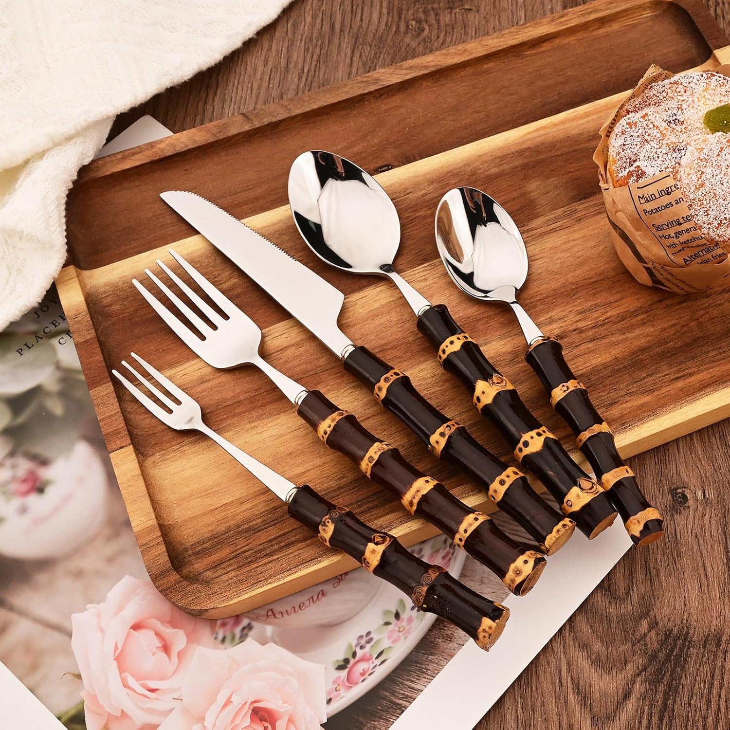 Bamboo Handle Flatware Set, Stainless Steel Silverware Set Knives Forks Spoons Cutlery for Kitchen Wedding Home Restaurant Party, Black Resuable Eating Utensils, 40 PCS Service for 8
