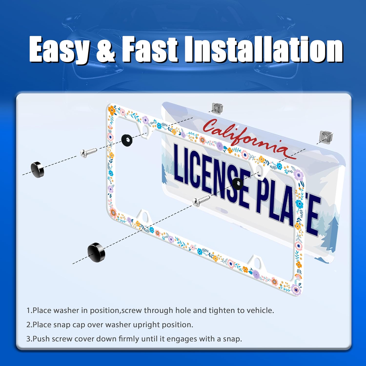 【2Pcs】Colorful flowers License Plate Frame colorful wildflower floral License Plate Frames Stainless Steel Accessories Cars Decor with 4 Holes Screws Fits Standard US CA Vehicles Size 12.2 x 6 Inches