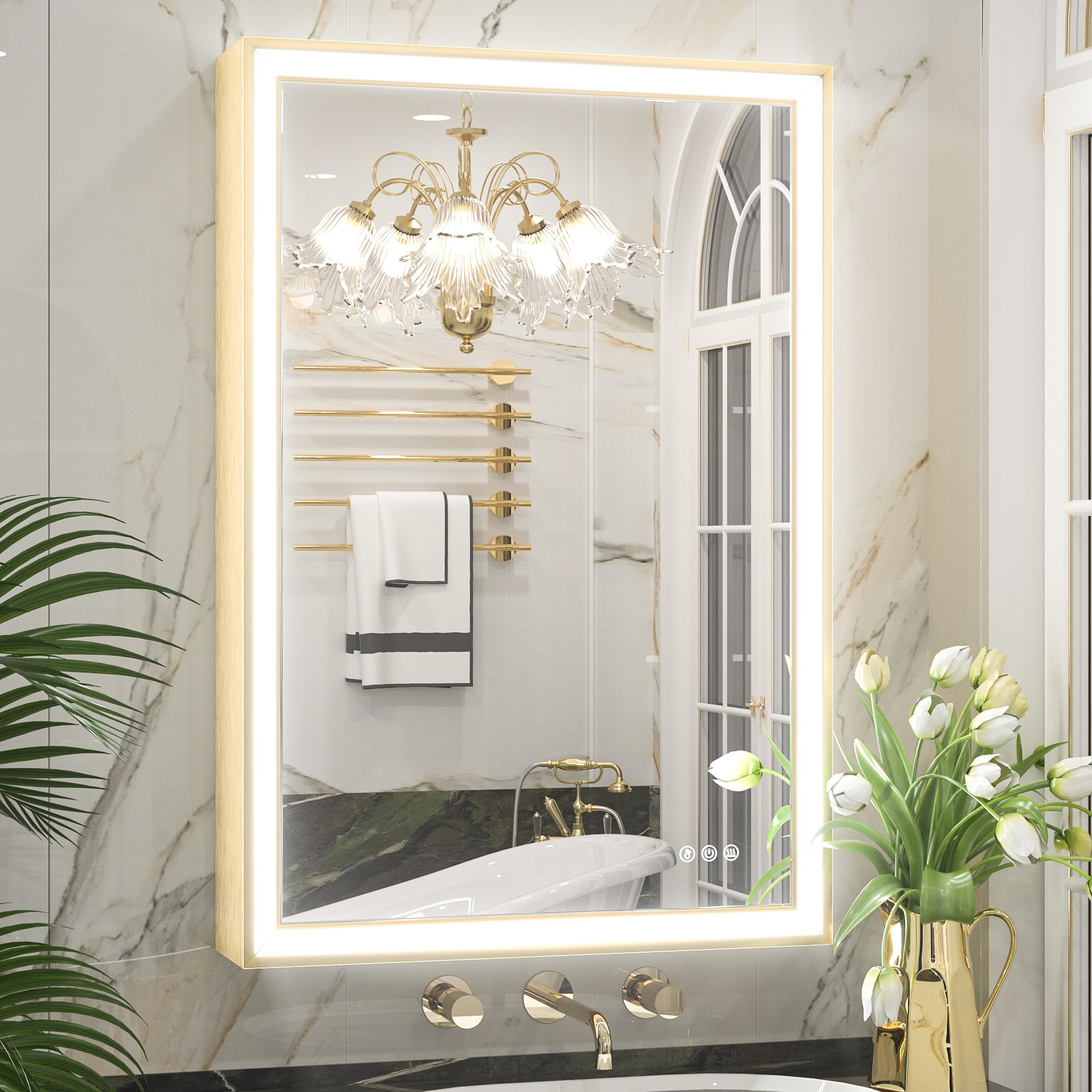 Keonjinn Gold LED Bathroom Mirror 24” x 36” with Frontlit, 45° Angled