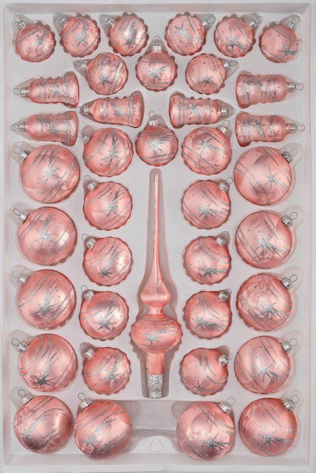39 TLG. Glas-Weihnachtskugeln Set in Ice Rosa Silber Komet- Christbaumkugeln - Weihnachtsschmuck-Christbaumschmuck