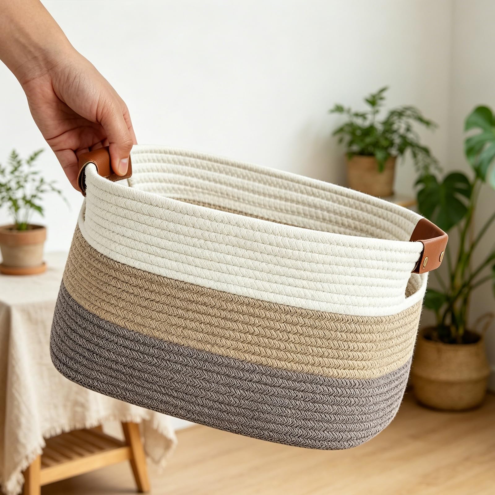 Multicolor Storage Basket With Handle Foldable Cotton Rope Bin 15X10x9 Inch