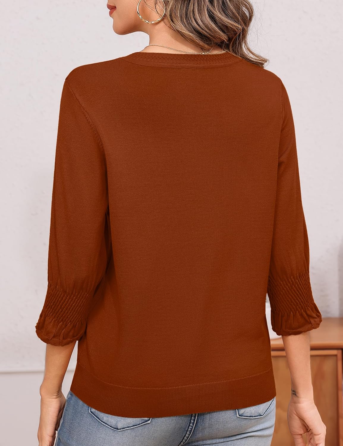 Totatuit Women 3/4 Pleated Sleeve Sweaters Casual Crew Neck Lightweight Knit Sweater Top Loose Basic Business Clothes - Image 3