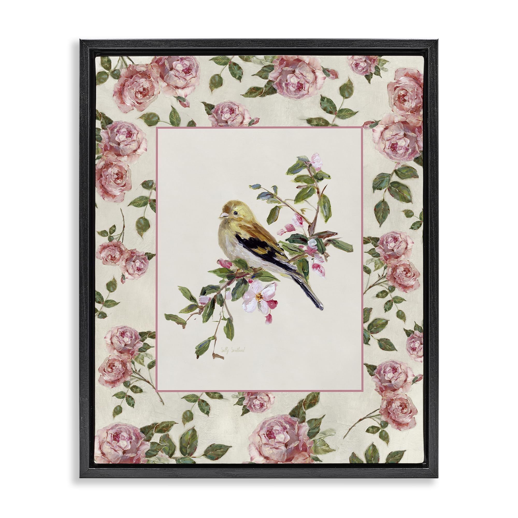 Stupell Industries Jet Black (Matte) 'Perched Bird With Dainty Roses'| Floating Frame Canvas Art