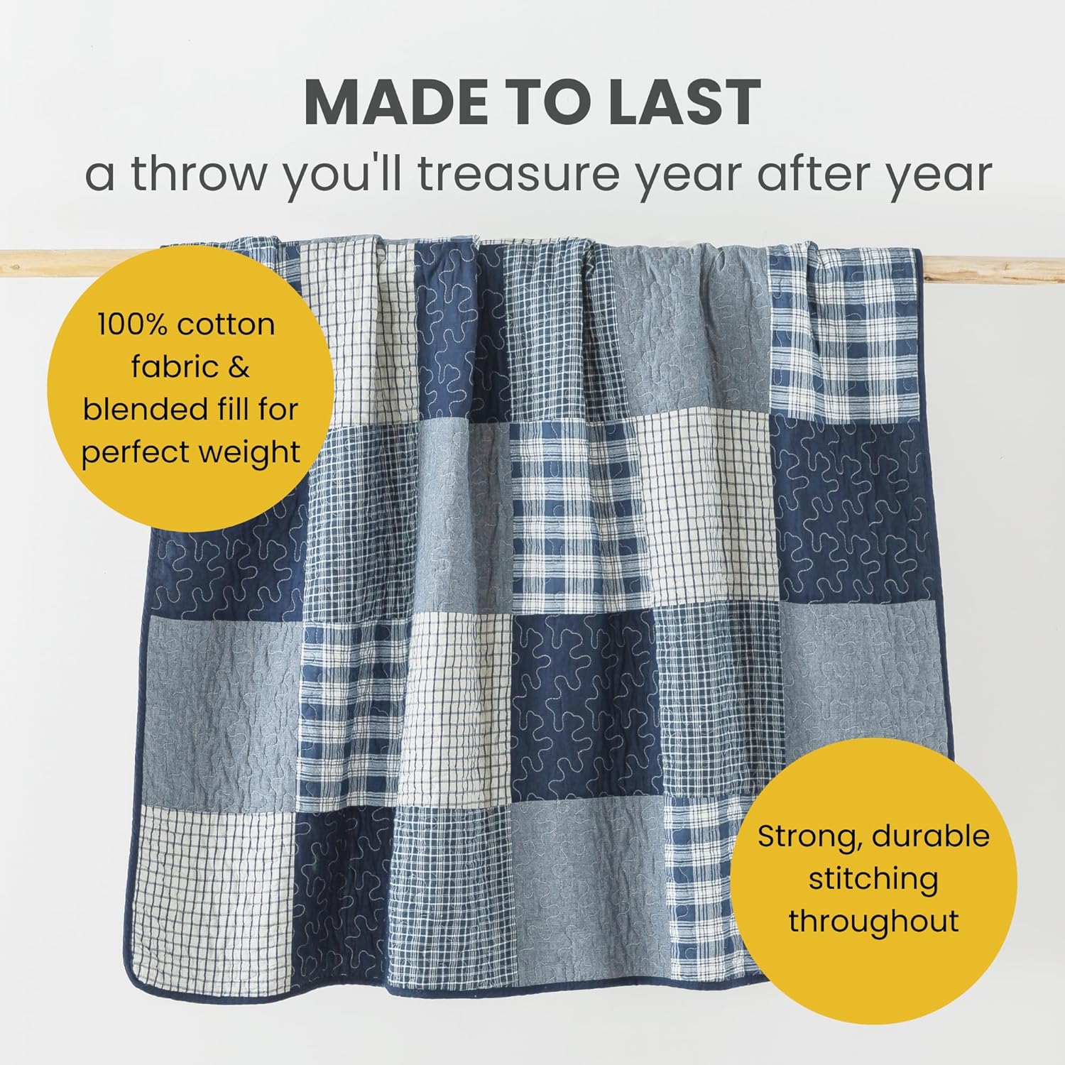 Soul & Lane Midnight Plaid 50" x 60" Cotton Quilted Throw Blanket, Country Farmhouse Checkered Patchwork Throw Quilt for Couch, Navy Check Pieced Lap Quilt with White and Blue Pattern - Image 3