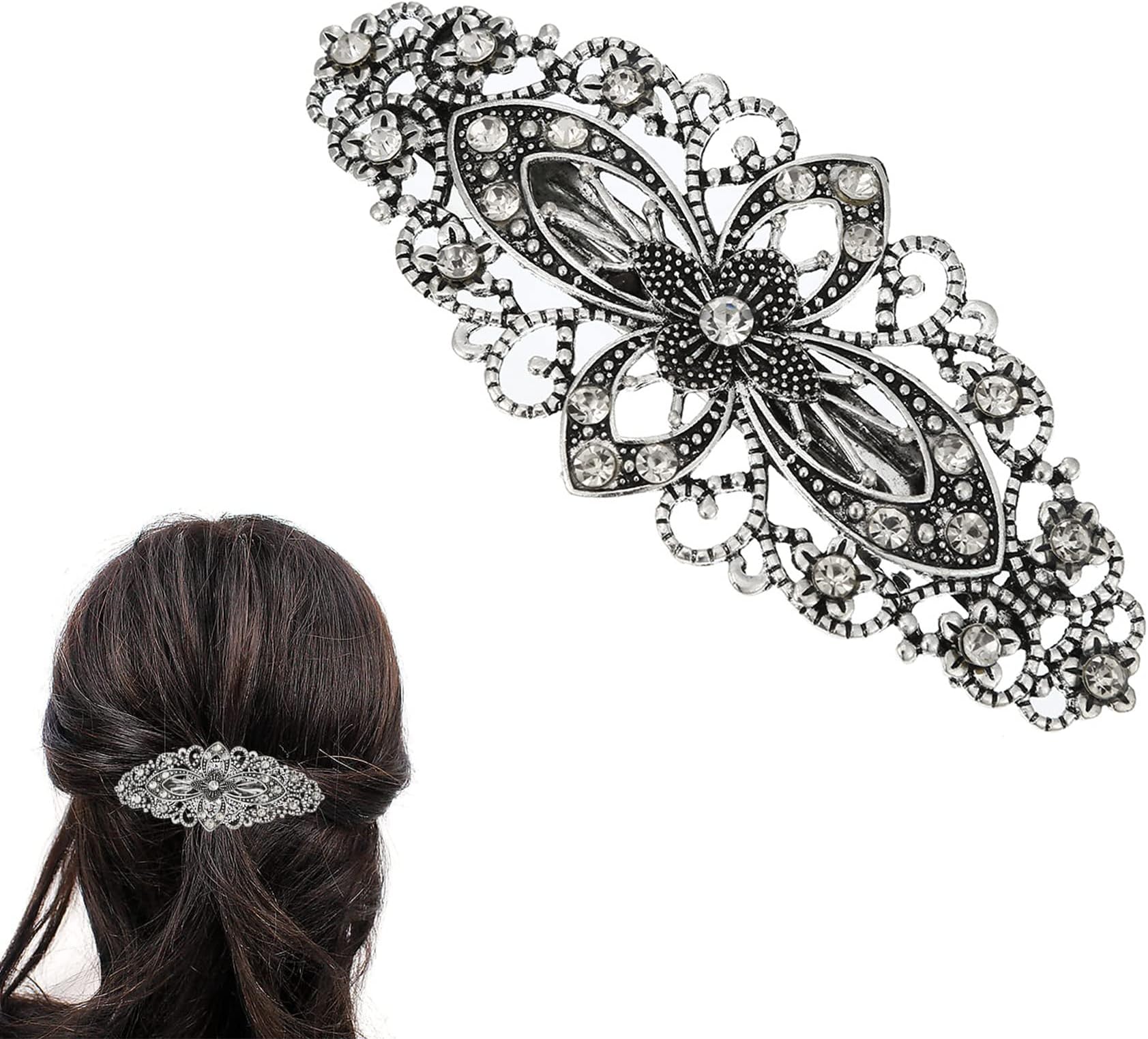 Vintage Flower Hair Barrette Hair Slides, Antique Style Hair Clips for Women Jewellery, Sparkly Silver Hair Clip Hair Accessory Crystal Grips for Women Girls Wedding Birthday Prom Gift