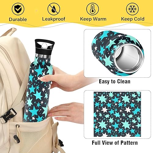 Miniatura 4 de Fashion Turquoise Stars Dark Blue Leak Proof & BPA Free Reusable Water Bottles with Straw Lid Hot & Cold Double Walled Bike Running Sports Travel