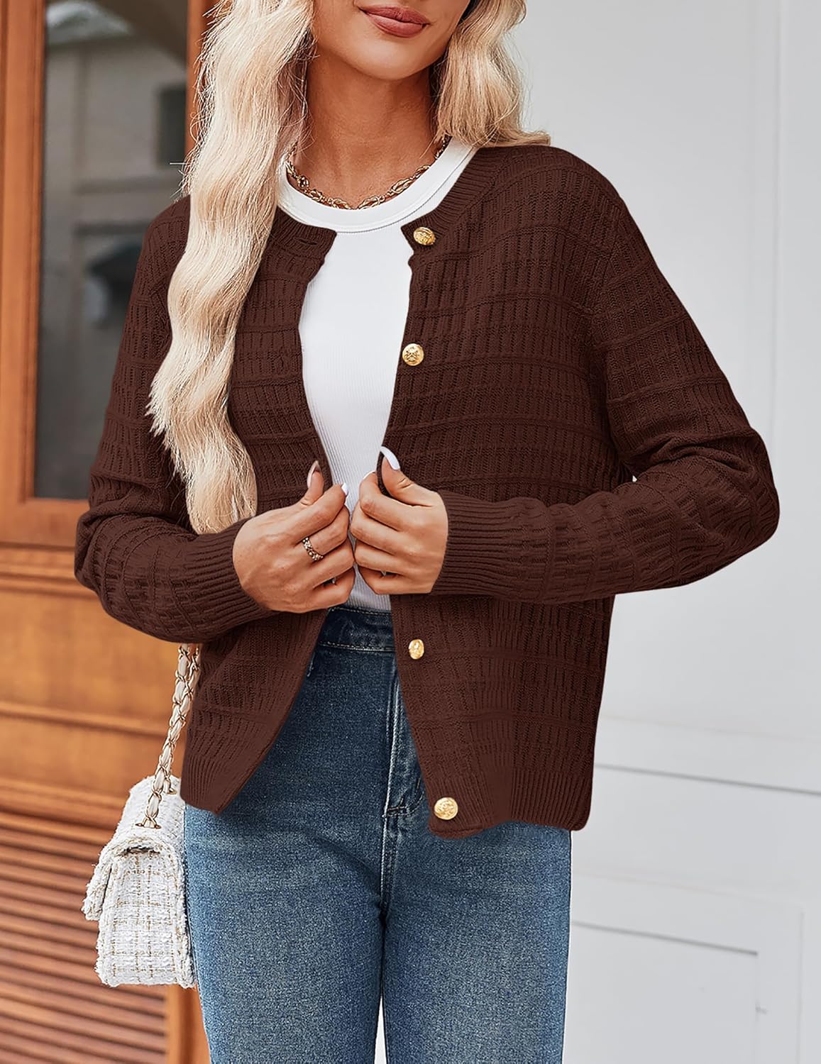 Zeagoo Women's 2026 Cardigan Sweaters Button Down Crew Neck Open Front Long Sleeve Knit Cropped Jackets - Image 2