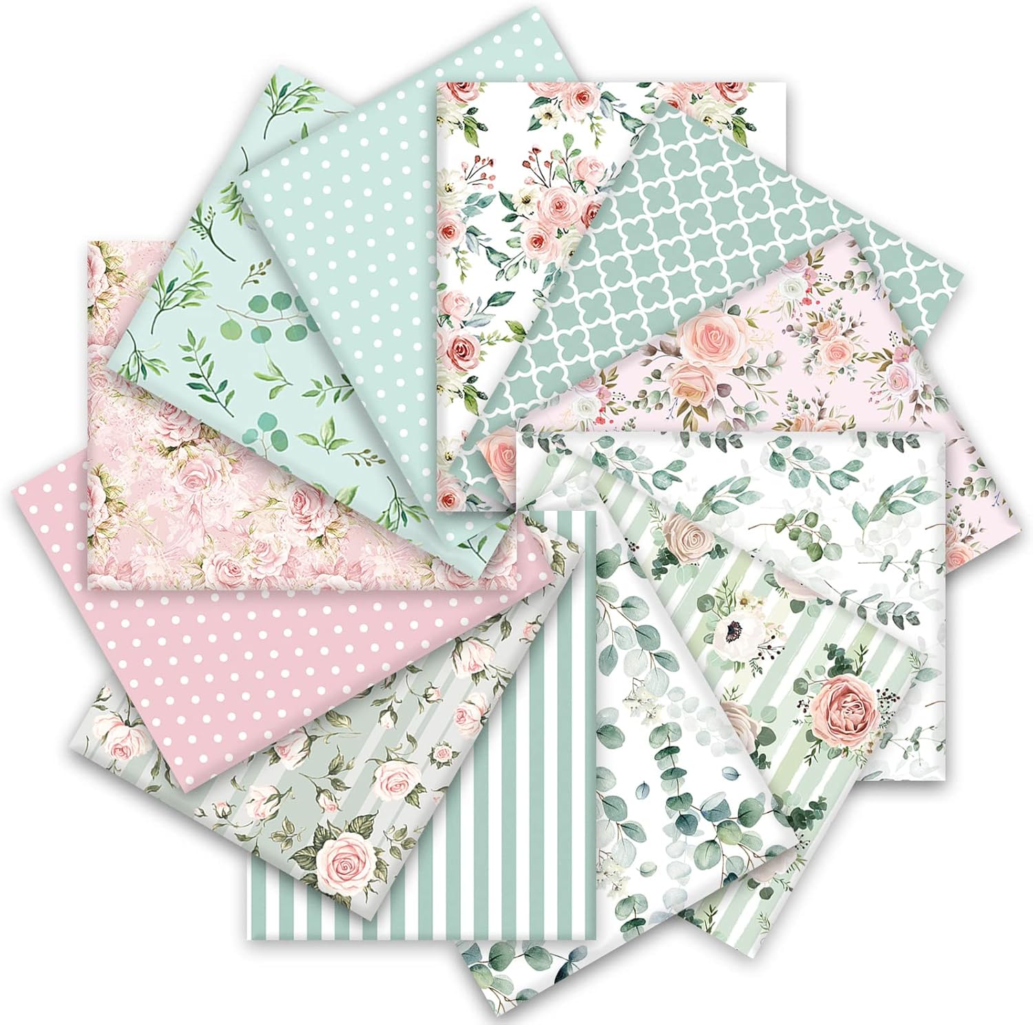 Whaline 12Pcs Spring Cotton Fabric Bundles 18 x 22 Inch Floral Greenery
