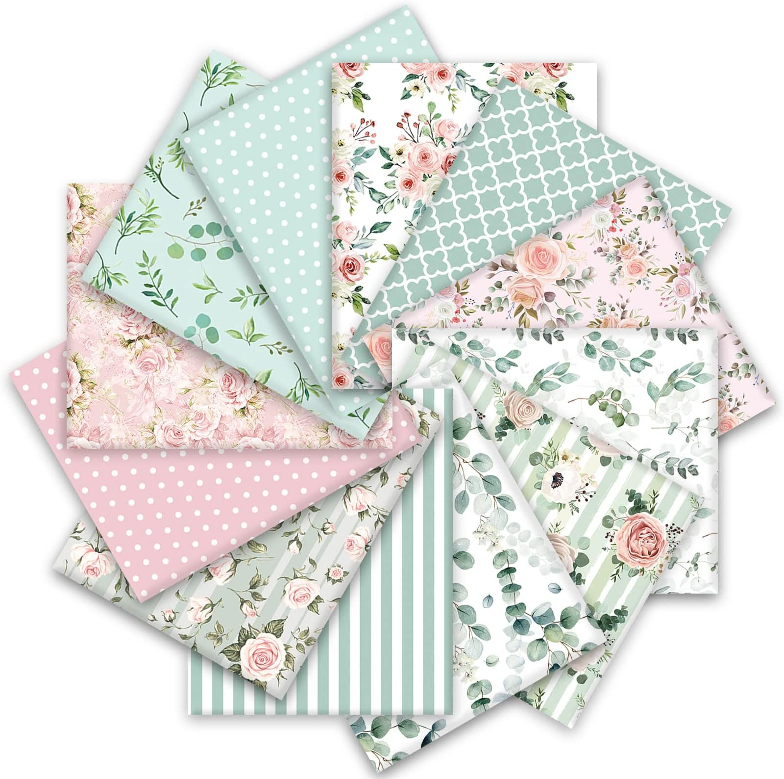 Whaline 12 Pcs Spring Floral Cotton Fabric Bundles 10 x 10 Inch Flower Greenery Printed Fabric Square Pink Green Retro Quilting Patchwork for DIY Handmade Crafting Home Party Decor