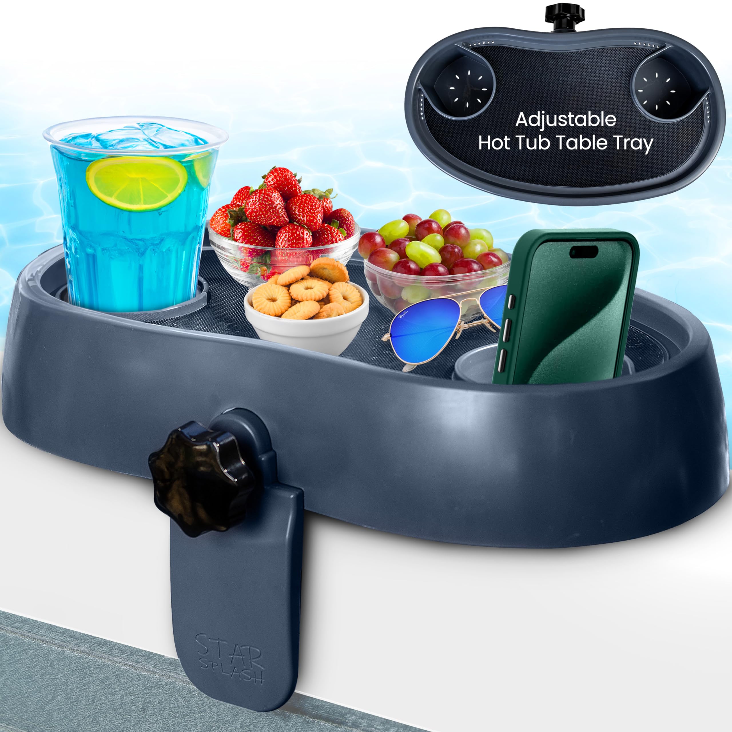 STAR SPLASH Adjustable Hot Tub Table – Heavy-Duty, Nonslip Side Table with Cup Holders - Clamps to Side of Any Bathtub, Hot Tub, Spa – Outdoor Patio Hot Tub Accessories and Supplies | 43x25x10 cm