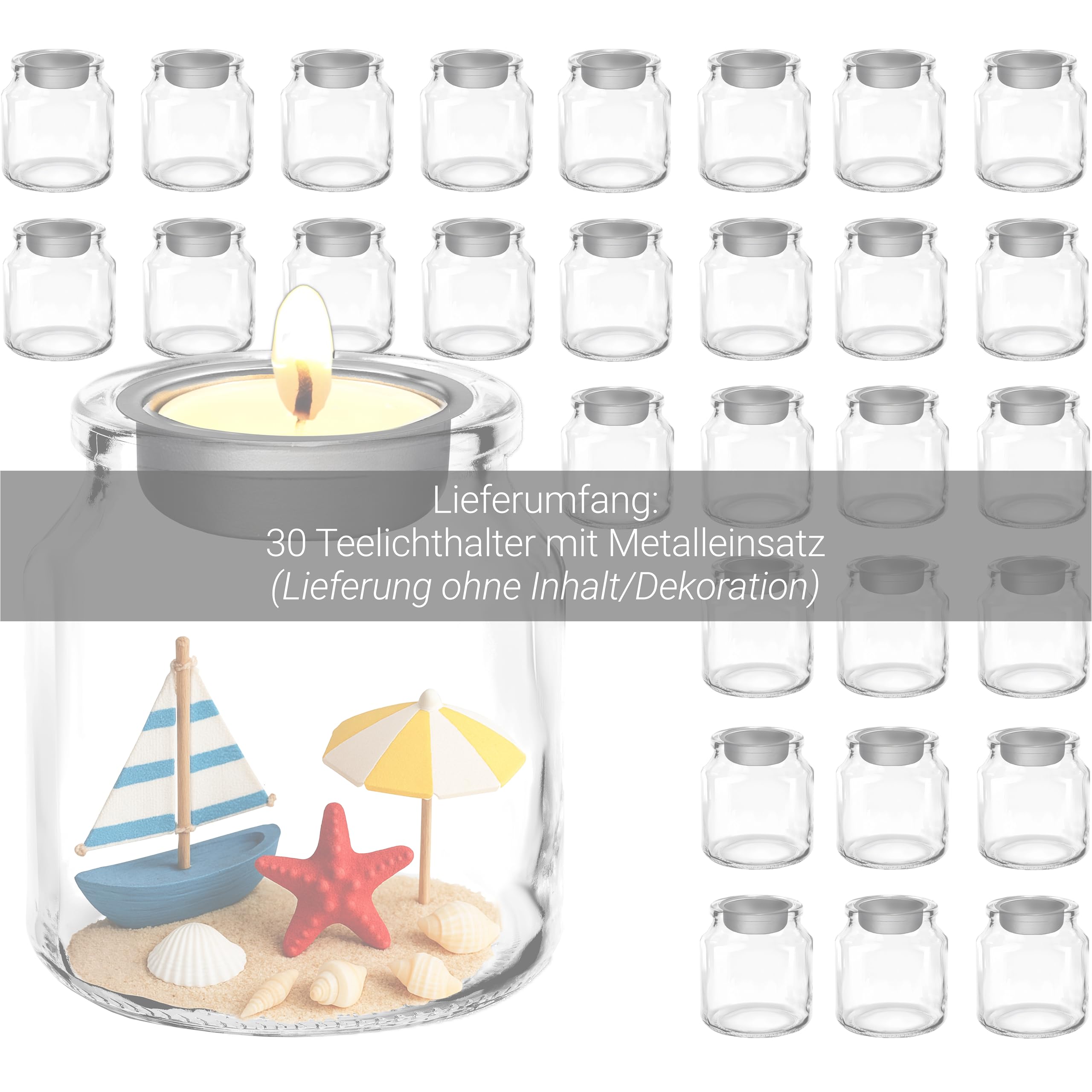 30x befüllbare Teelichtgläser mit Metalleinsatz aus Glas | Kleine Vasen aus Glas individuell gestaltbar - für Hochzeit, Tischdeko, Feier und persönliche Geschenke