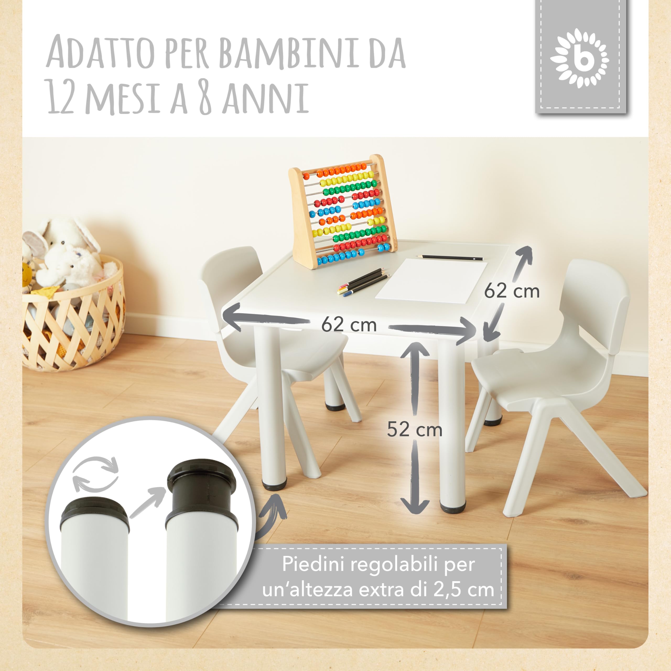 Bieco Tavolo per bambini con 2 sedie impilabile antiribaltamento per interni ed esterni