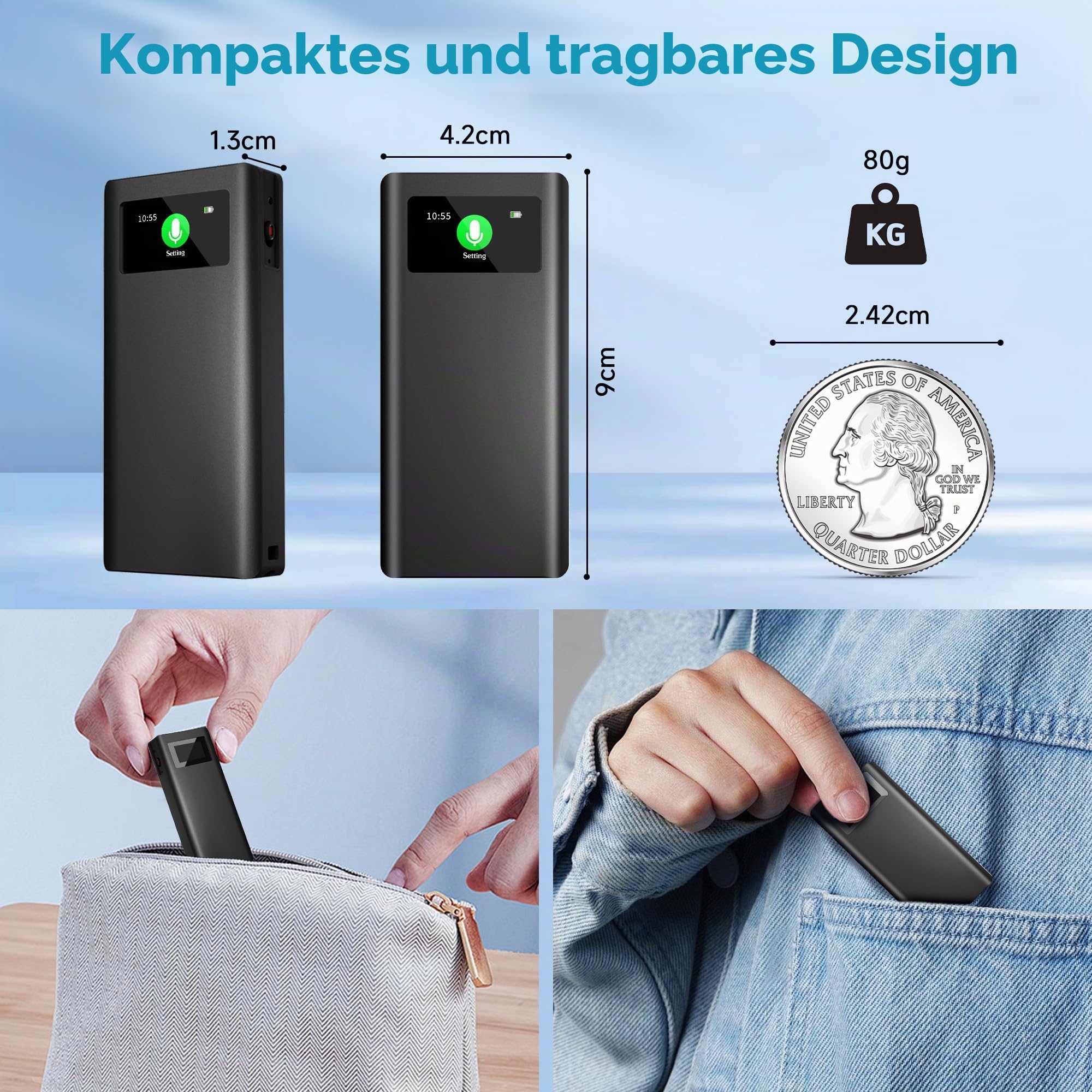 32GB Magnetischer Sprachrekorder mit 350-Stunden-Akku, TF-Kartenerweiterung, Lautsprecherwiedergabe und EIN-klick-Aufnahme, Tragbares USB-C Aufnahmegerät für Meetings und Interviews