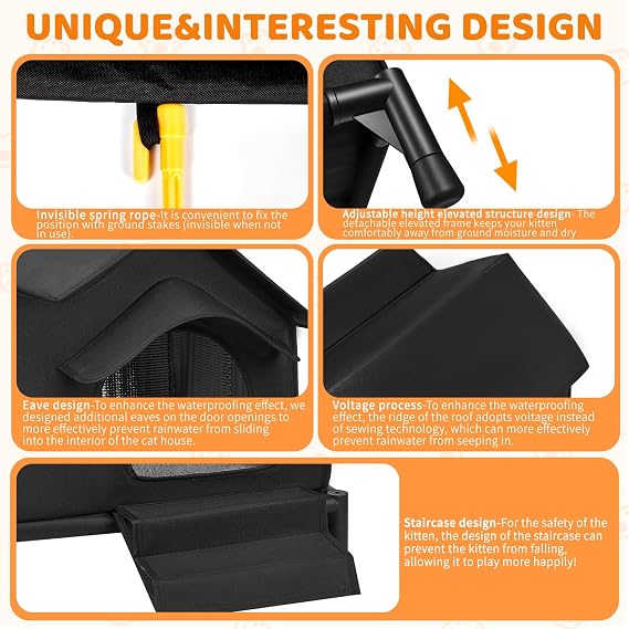 Large Outdoor Elevated Double-roof Waterproof Outdoor Cat House with Stairs, Winter and Summer Weatherproof&Warm Cat House with Soft Cushions and Small Eaves，Black