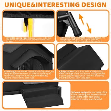 Large Outdoor Elevated Double-roof Waterproof Outdoor Cat House with Stairs, Winter and Summer Weatherproof&Warm Cat House with Soft Cushions and Small Eaves,Black