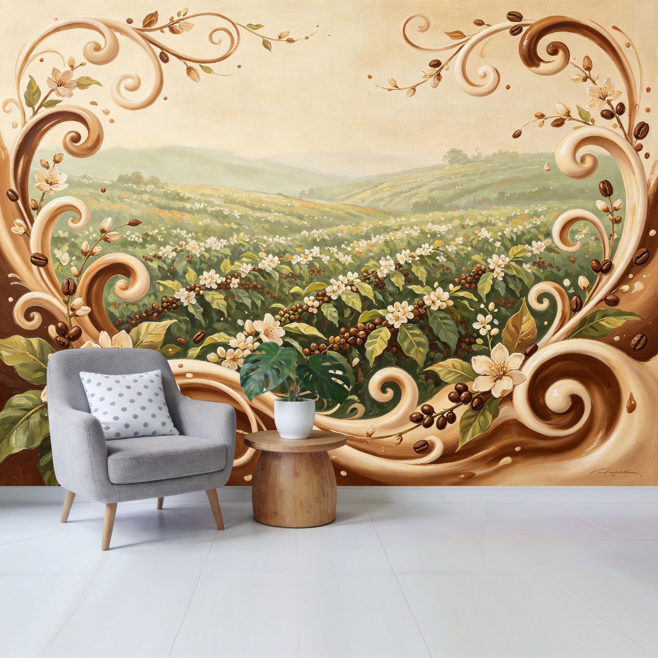Qzlithotic Yq2605250292 Custom Size Wall Mural Coffee Plantation Landscape Botanical Oil Painting Swirl Frame Selfadhesive Wall Fabric Removable Wallpaper For Home Office Decor