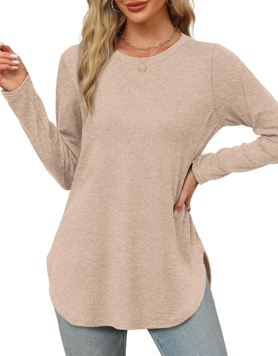 XIEERDUO Womens Long Sleeve Round Neck Shirts Side Split Basic Loose Tunic Tops Casual 2025