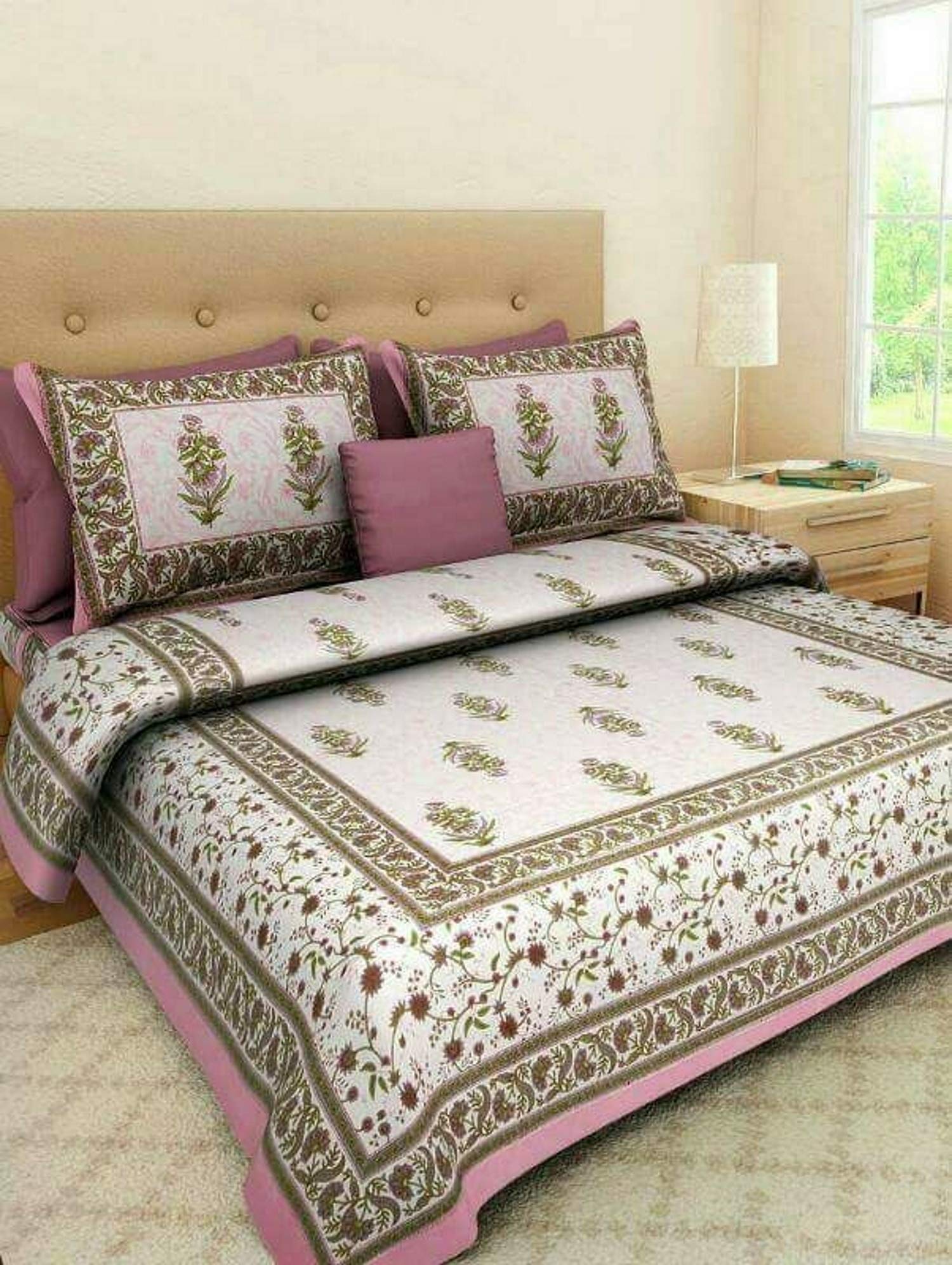 Drap de lit en coton artisanal de Jaipur 84x90 pouces imprimé fleurs avec taies d'oreiller