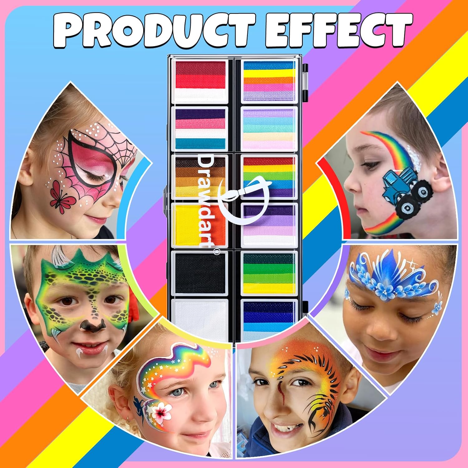 Drawdart Professional Face Painting Kit for Kids Adults, Rainbow Split Cake Face Paint Makeup Palette 12 x 10gm+ 4 Colors Pro Pressed Glitter Eyeshadow Palette, with Brushes Sponges Stencils Gems - Image 5