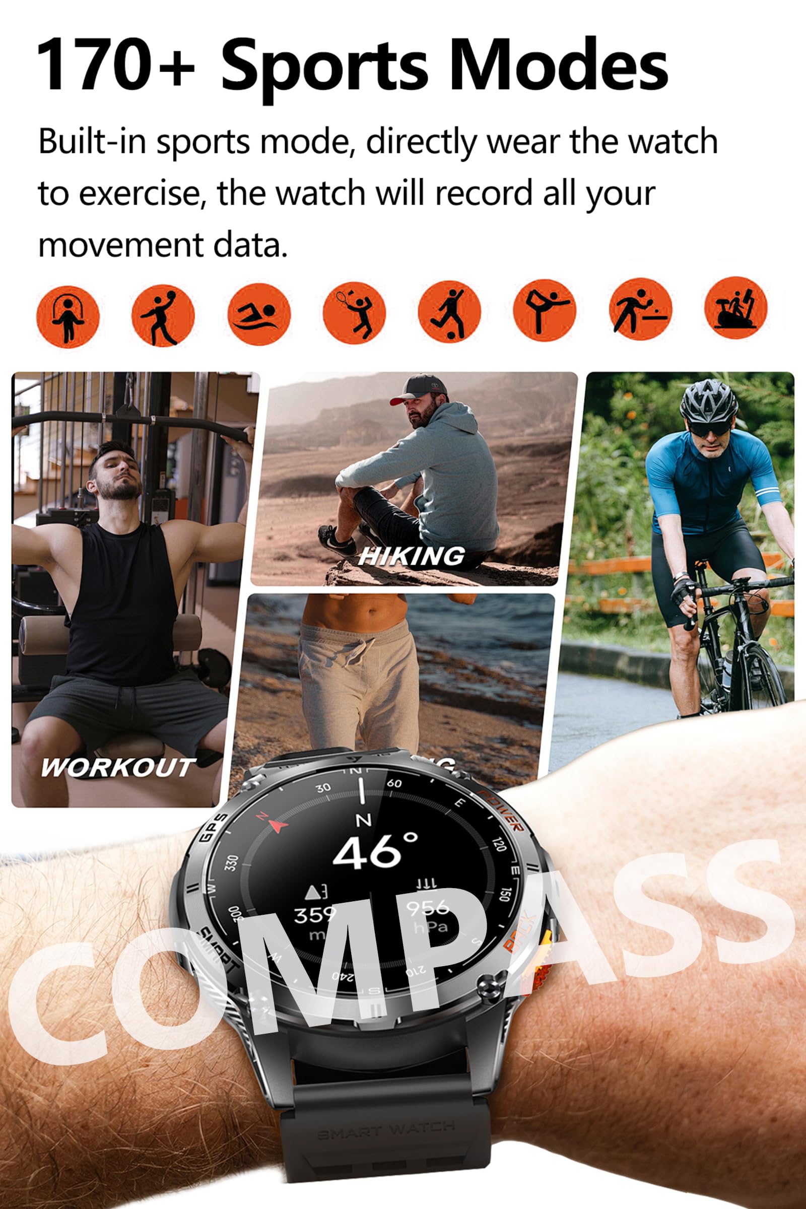 Orologio GPS da uomo, militare, sportivo, con bussola, altimetro, barometro, orologio da fitness, frequenza cardiaca, pressione sanguigna, contapassi, orologio da corsa all'aperto, torcia a LED