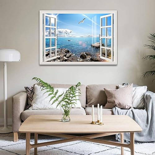 Miniatura 2 de Calcomanía mural removible para ventana falsa 3D, autoadhesiva, imagen de póster de 35 x 24 pulgadas, diseño de mar y sol, despegar y pegar,