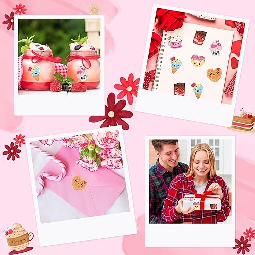 Miniatura 5 de Haooryx Rollo de 300 calcomanías para escena de cara de postre para el día de San Valentín, haz tu propio postre, lindo dona, helado, cupcake,