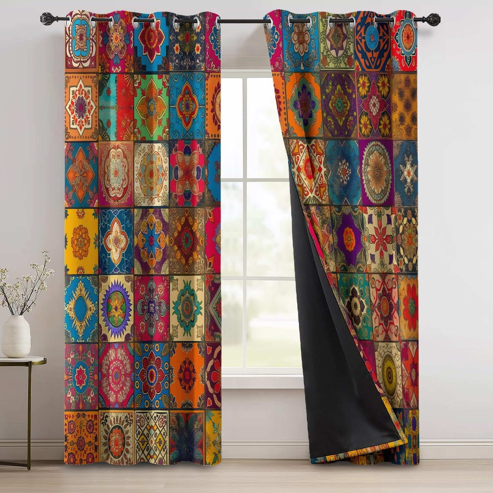 Rideau Occultant De 2 Pièces Motifs Indiens Traditionnels Bloqueur Lumière Rideaux Thermiques Isolants Économie D'Énergie 150L X 280H cm Polyester Rideaux Phonique Salon Chambre Balcon Coloré