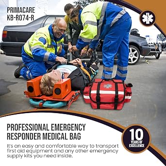 Primacare KB-RO74-R First Responder Trauma Bag, 17 x 9 x 7, Red EMT/EMS Medical Supply Organizer with Padded Dividers, Multiple Compartments, Side Pockets, Reflective Strip, Durable Design