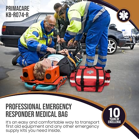Primacare KB-RO74-R First Responder Trauma Bag, 17 x 9 x 7, Red EMT/EMS Medical Supply Organizer with Padded Dividers, Multiple Compartments, Side Pockets, Reflective Strip, Durable Design