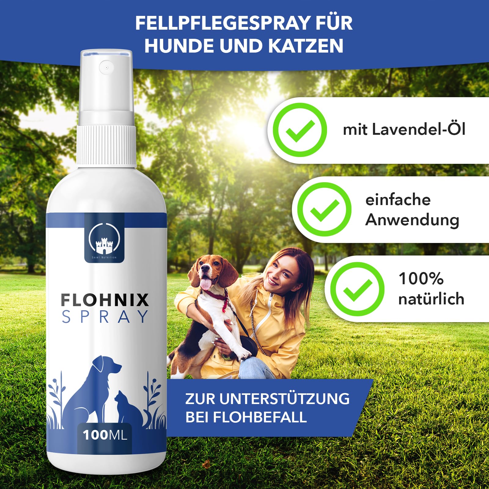 Flohnix Spray – Floh und Zeckenschutz für Hunde - Fellpflege Spray zur Unterstützung der Parasitenabwehr – Ohne Chemie – Für Fell, Umgebung & Liegeplätze – Flohschutz für Katze und Hund - 100 ml