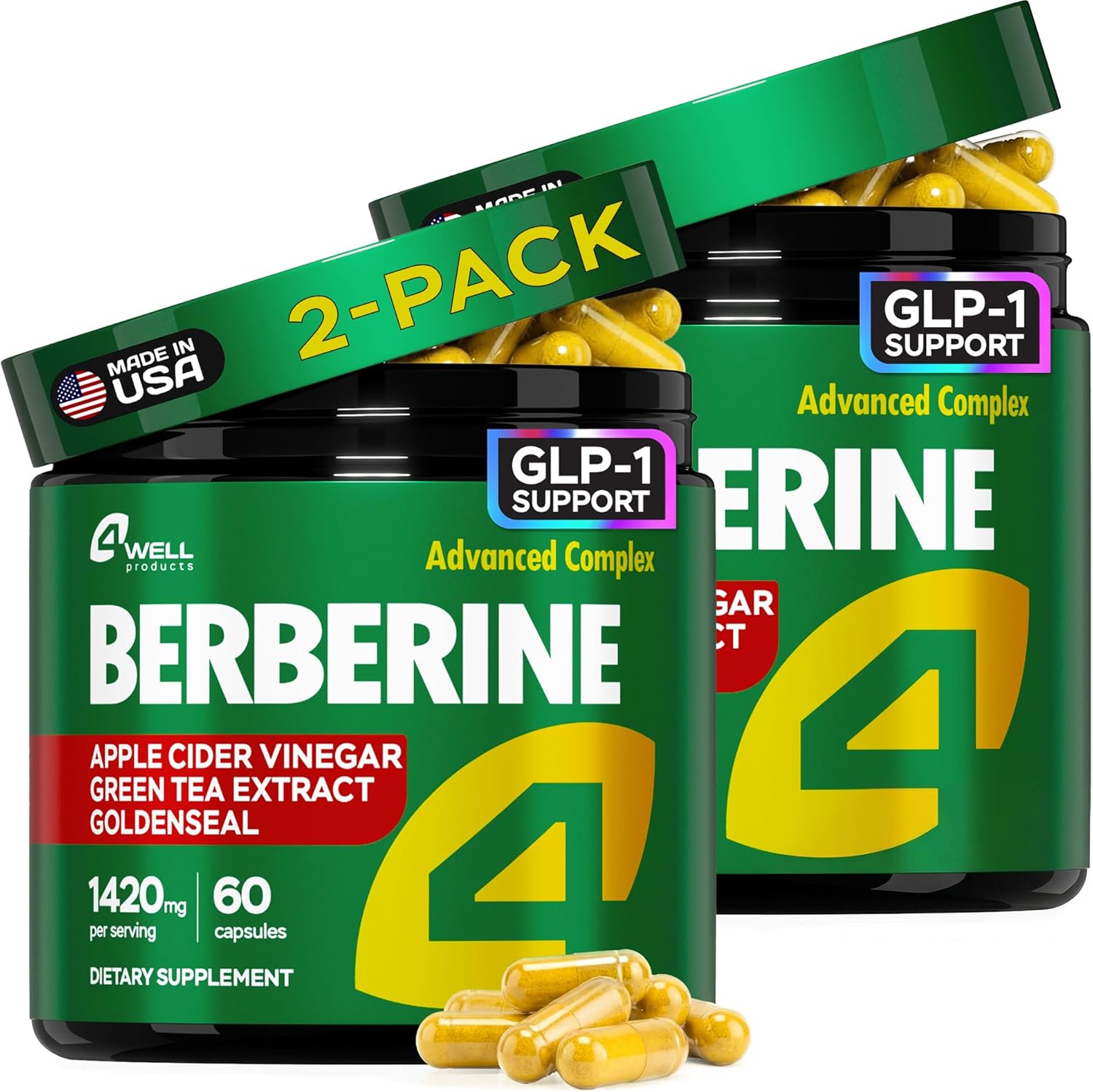 2-Pack Berberine Supplement - Triple Strength GLP-1 Activator w/Goldenseal, Apple Cider Vinegar, Green Tea Extract - Goldenseal Supplements, Digestive Health, Support Heart, Immune System, 120 Caps