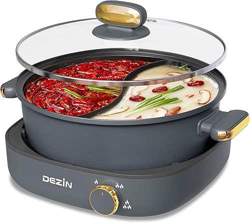 Dezin Olla Caliente Eléctrica con Divisor, Shabu Shabu Eléctrico de 4L con Olla de Doble Sabor, 3.7" de Profundidad Antiadherente de Doble Lado con
