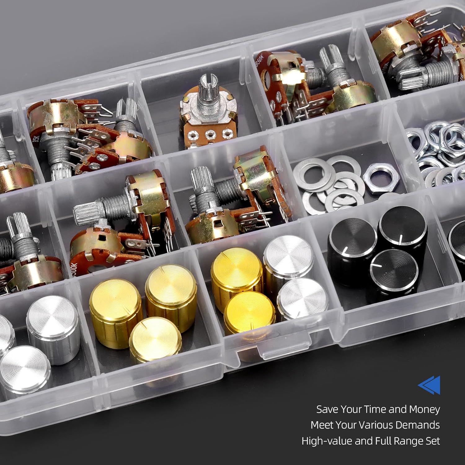 Glarks 50pcs WH148 Dual Linear Rotary Taper Potentiometer Kit, 1K 5K 10K 50K 100K 250K 500K 1MK OHM 6 Pins Split Shaft Rotary Linear, Volume Control Potentiometer with Knob for Motor Speed Control