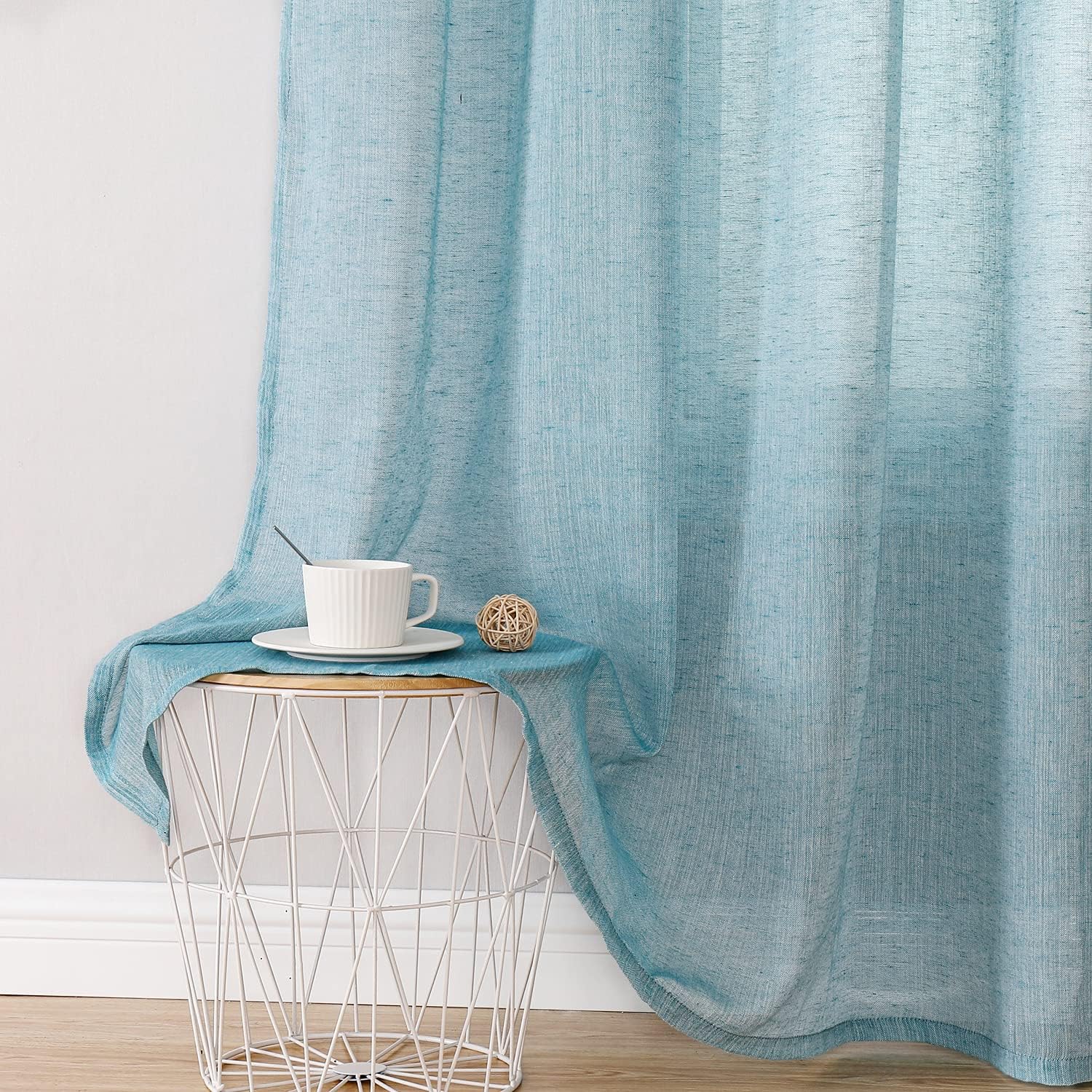 Miss SELETEX Natural Linen Sheer Curtains for Living Room Elegant Solid Window Drapes Grommet Top Light Filtering Curtains Window Voile Linen Textured Panels for Bedroom 2 Panels 52x95 inch Turquoise