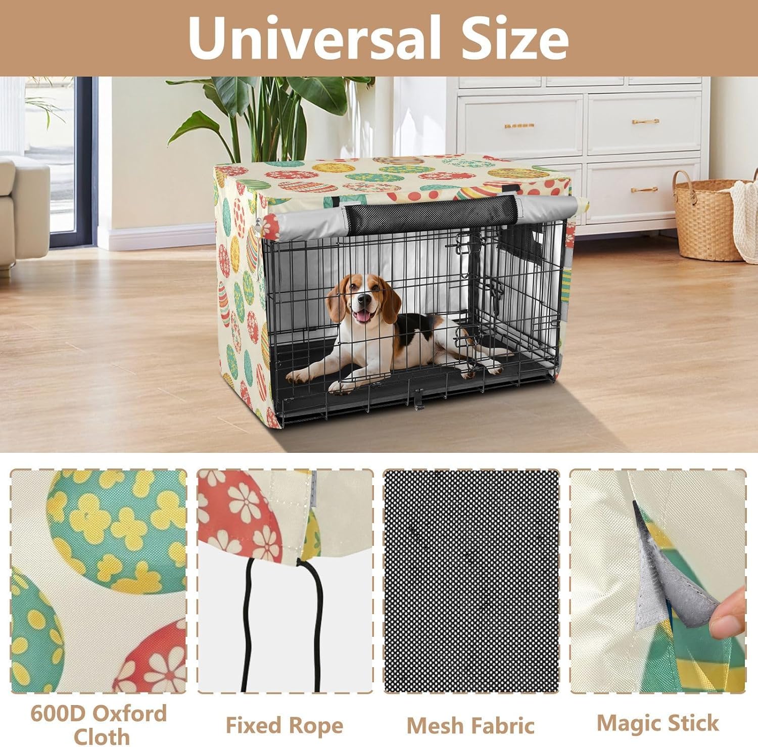 Colorful Easter Eggs Dog Crate Covers S-XL UV-Resistant Pet Cage Cover with Mesh Windows, Reduces Barking, Large