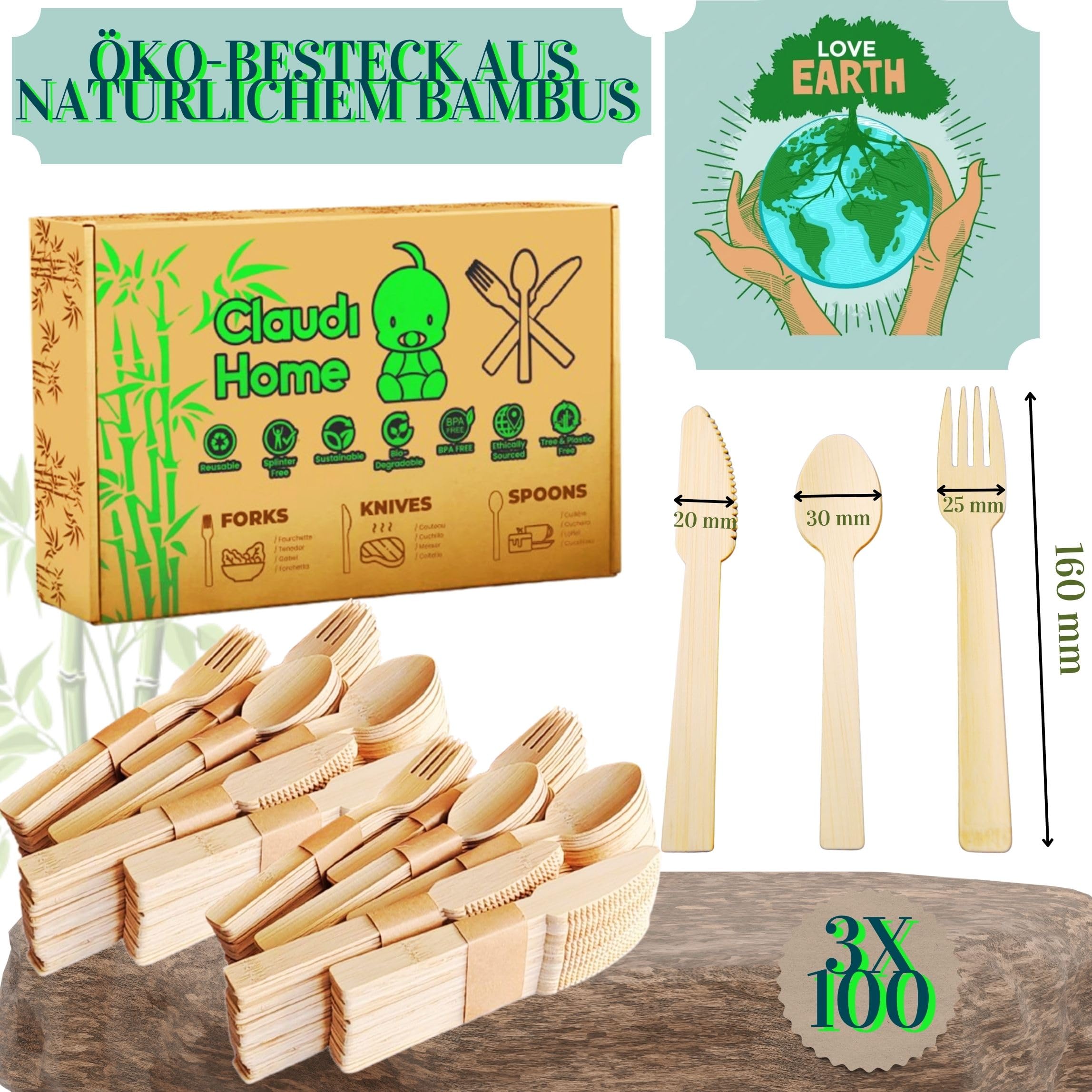 XL 300 Besteck-Set, Bambus, umweltfreundlich, kompostierbar, wiederverwendbar. Kein Holz Geshmack – 100 Gäste (Gabel 16cm/Messer 16cm/Dessertlöffel 14cm). Picknick, Grill, Party, Camping @Claudi Home
