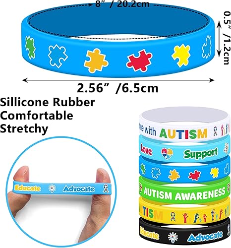 Miniatura 6 de Lesnala Paquete de 48 pulseras de concientización sobre el autismo, piezas de rompecabezas de colores, pulsera de silicona con mensajes inspiradores