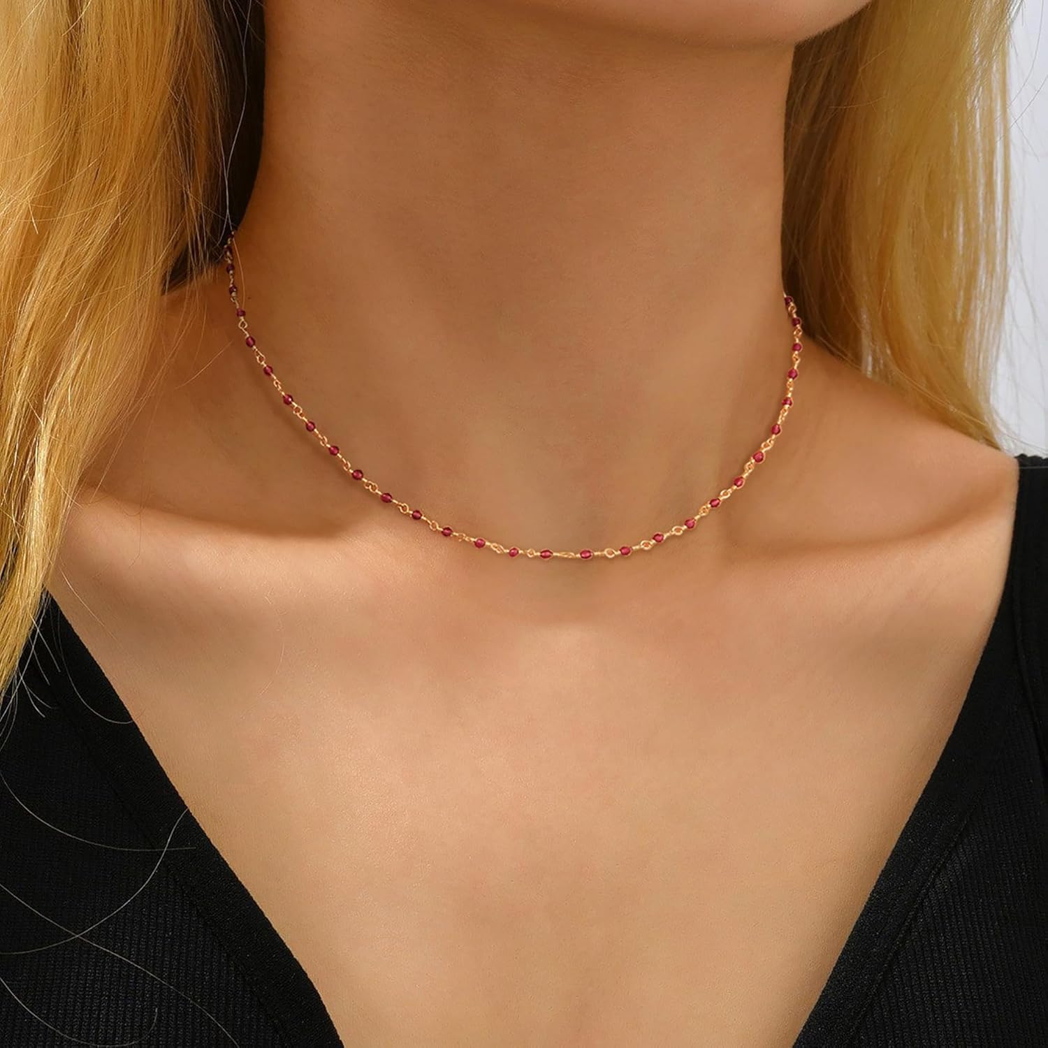 MTMY Beaded Necklaces for Women 14K Gold Plated Dainty Colorful Green/Rose Beaded Pearl Choker Necklace Delicate Boho Choker Necklace Jewelry Gift - Image 3