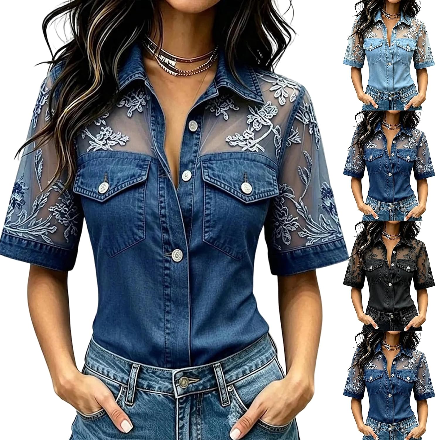 Denim Shirt Women Short Sleeve Button Down Shirt Vintage Casual Breathable Floral Lace Mesh Patchwork Jean Top