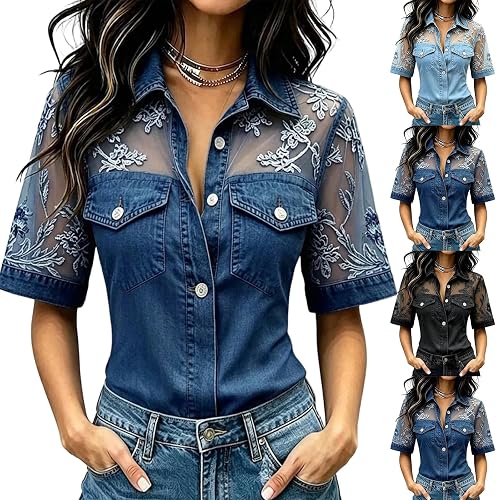 Denim Tops for Women Button Down Shirt Short Sleeve V Neck Elegant Denim Top Sli