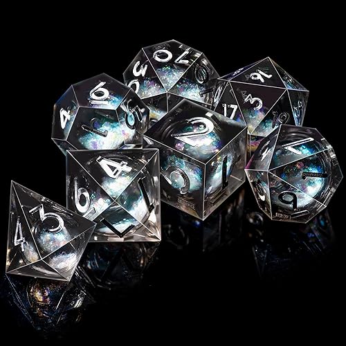 Miniatura 144 de AUSTOR Juego de dados DND de resina de núcleo líquido, de borde afilado, 7 troqueles, juego de dados DND de arena movediza hechos a mano