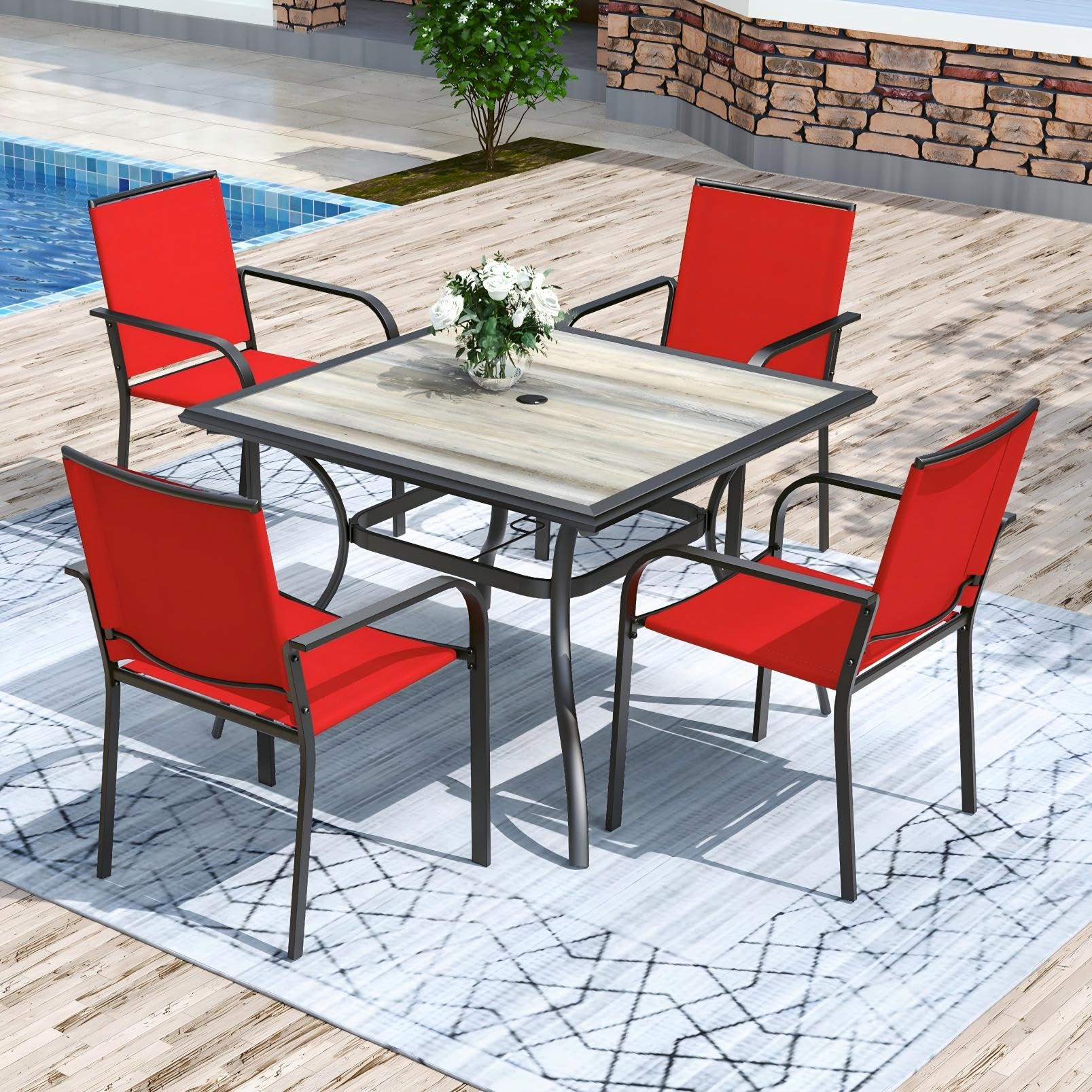Anmutig 5-Piece Outdoor Dining Set, 37" Square Patio Table 4 Chairs, Red