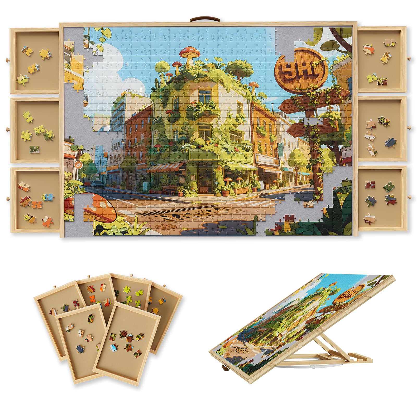Opprut 1500-Piece Rotating Puzzle Board with Drawers and Cover, Puzzle Tables for Adults, Portable Jigsaw Wood Table with 6 Storage Drawers, Non Slip Felt and Handle, Ideal Gift（35.1"x26"）