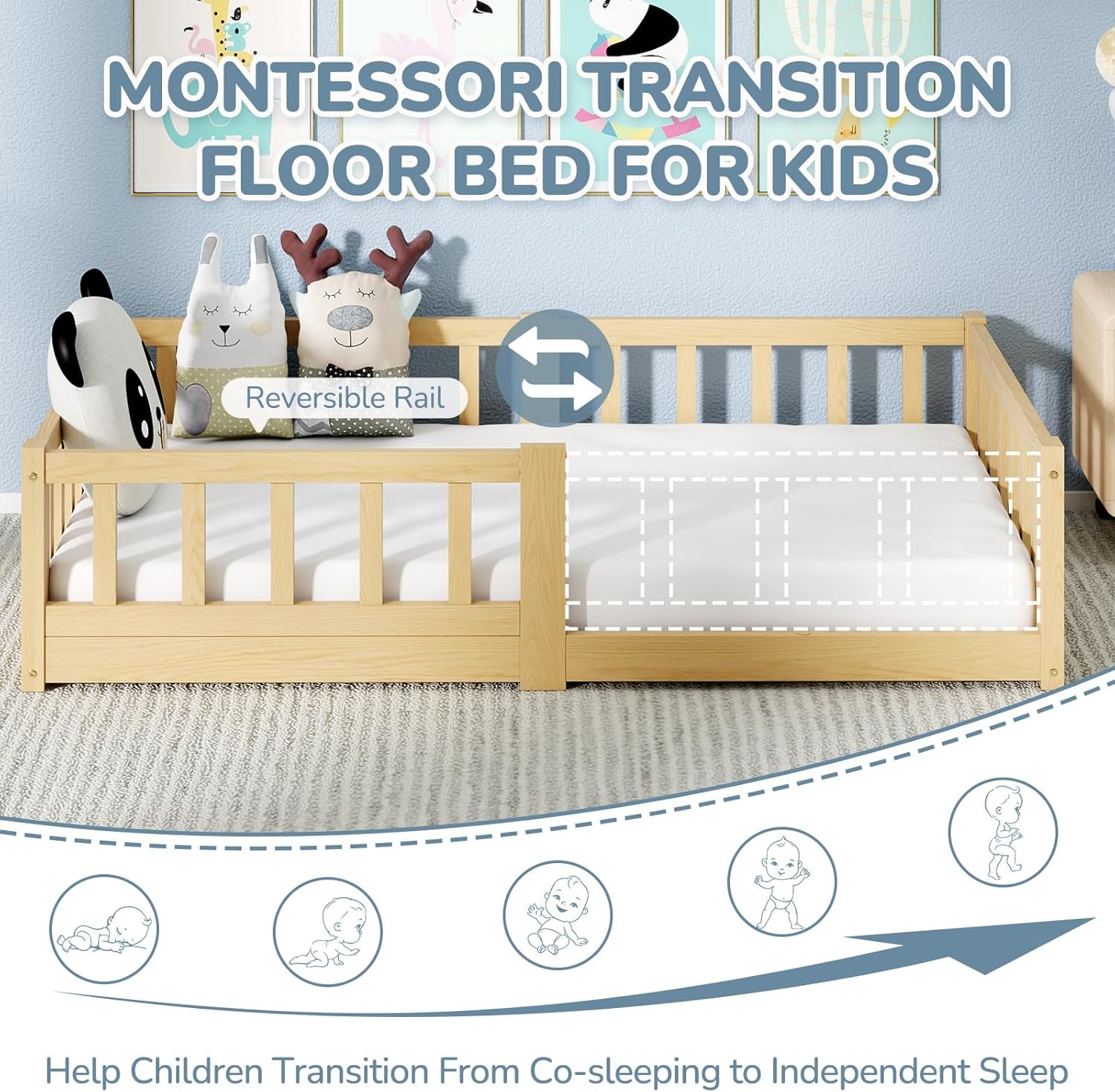 Image illustrating the Montessori transition floor bed for kids with a reversible rail, showing how it helps children transition from co-sleeping to independent sleep.