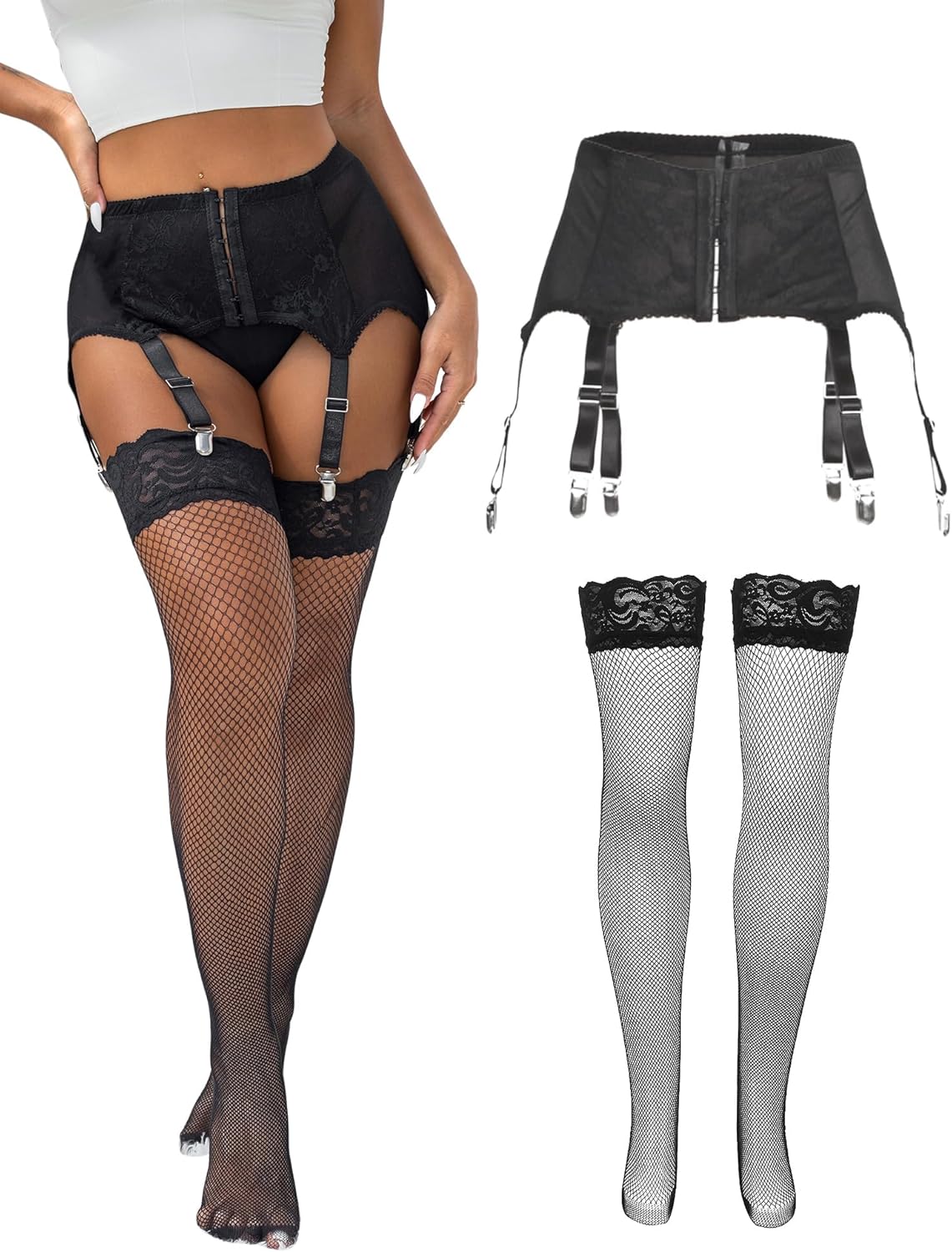 ohyeah High-Waisted Garter Belt Plus Size- Lace Mesh Suspenders Belt with 6 Metal Clip for Thigh Highs Garter Stockings