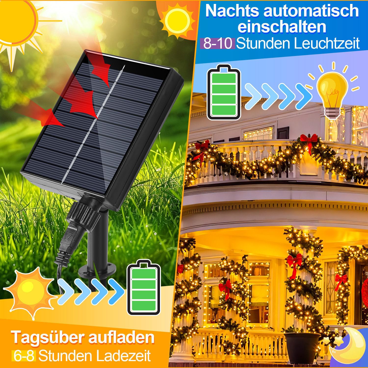 Daromigo Solar Lichterkette Außen – 50 M, 500 LEDs, Warmweiß (2800K), USB & Solar, 8 Modi, Timer, IP44, Für Garten, Balkon & Terrasse