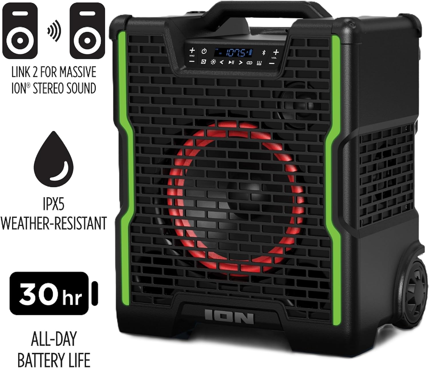Ion Blockrocker Icon All-Terrain Portable Bluetooth Speaker with Lights, FM Radio (Renewed)