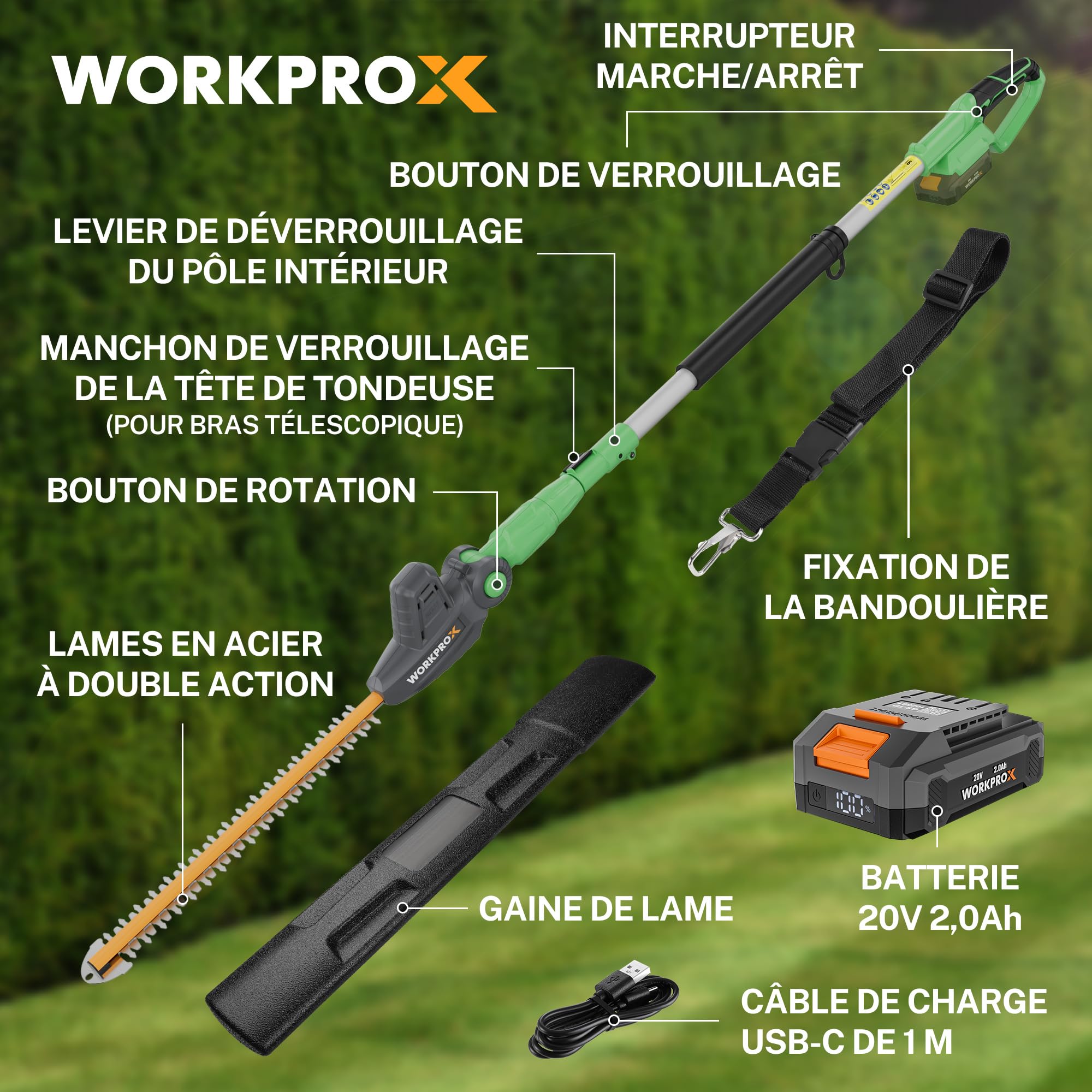 WORKPROX Taille-haies Télescopique Sans Fil 20 V avec Batterie 2,0 Ah