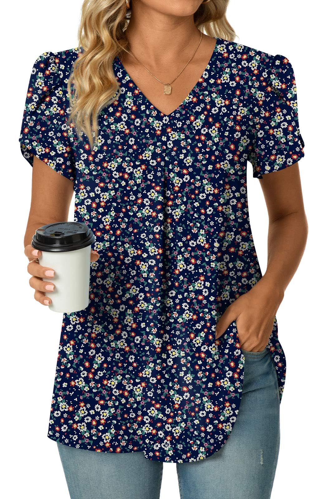 POPYOUNG Women's Summer Dressy Chiffon Blouses Short Sleeve V Neck Tunic Tops for Leggings Casual T-Shirts